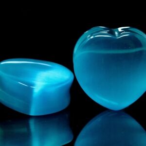 19 mm Aqua Cat Eye Glass Heart Plugs – Double Flare Gauge Jewelry – Brand New